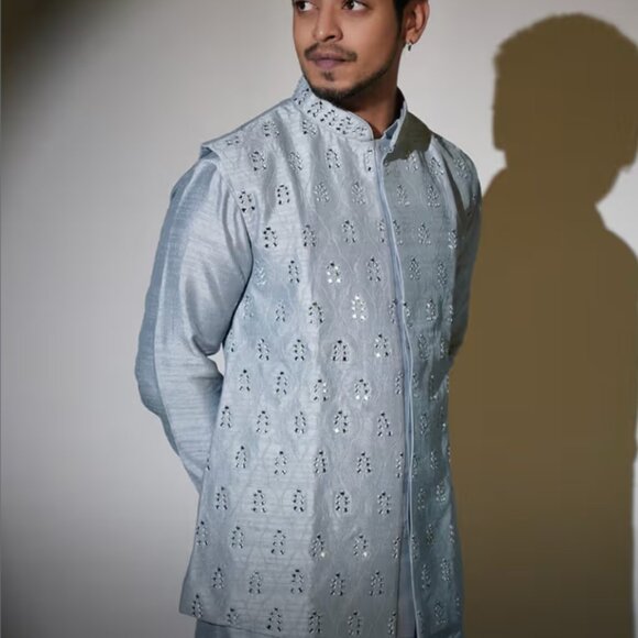 BRAND NEW Harbor Grey Nehru Jacket And Kurta Set In Art Silk KALKI Size M/38 - Picture 7 of 7